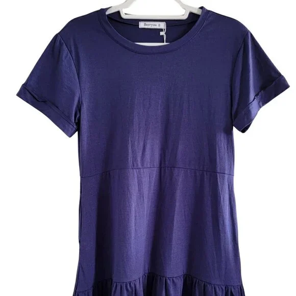 NWT Blue Berryou Short Sleeve Pocket Ruffle Swing Casual Shift Dress Size Small - Picture 5 of 16